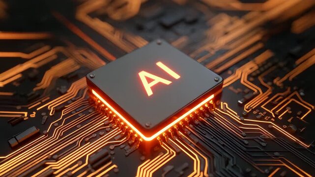 Artificial intelligence chip glowing circuit board microchip processor digital technology data network electronic board orange light hardware component computing system neural network futuristic