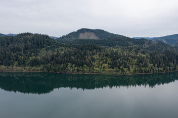 Obraz premium Aerial drone picture of Yale Lake surrounded by forest in Washington, USA. Calm water, scenic shoreline and Pacific Northwest landscape, ideal for nature background and outdoor scenes