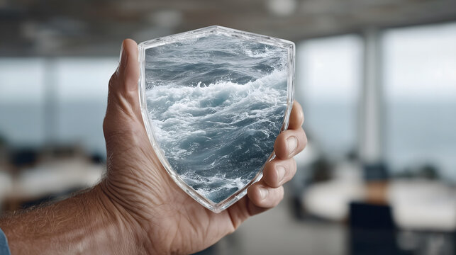 Risk Management Shield with Ocean Waves Business Protection
