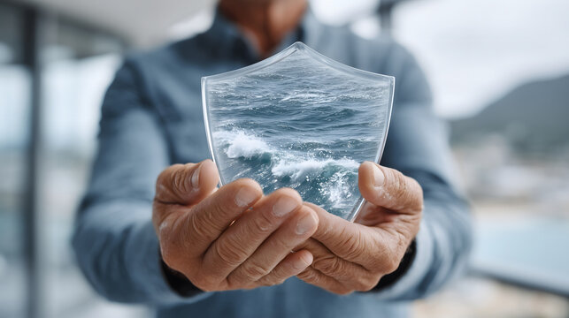 A powerful metaphor for risk management: male hands holding a shield that protects the business from crises.