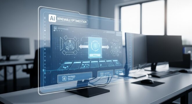 Advanced AI system interface displaying renewable energy optimization and smart grid control on a futuristic transparent screen