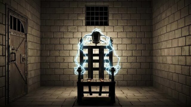 Electric chair in dark prison cell with glowing sparks. Execution device inside dungeon for Halloween horror scene. Scary metal seat with lightning energy effect.