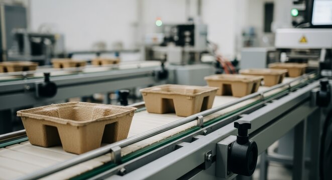 Automated conveyor line carrying empty eco-friendly cardboard packaging in a modern manufacturing facility, showcasing efficient production processes.