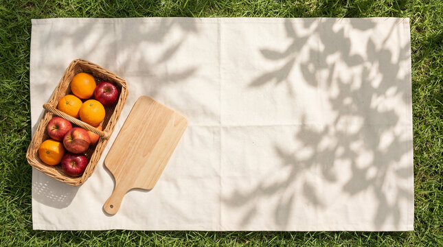 Flat lay top view of a white picnic blanket on green grass with a fruit basket, wooden board, and leaf shadows