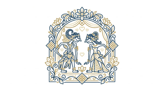 Two traditional Indonesian wayang kulit puppets facing each other.