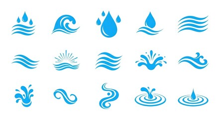 Naklejka premium Blue Water Wave and Drop Icon Set - Vector Graphic Elements for Logo Design, Web, and Print Projects