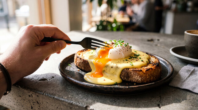 Close up of a hand using a fork to break a poached egg with flowing golden yolk on sourdough toast for brunch