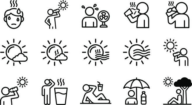 Collection of weather and hydration icons showing sun, heat, sweating, and people drinking water for summer safety