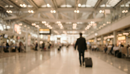 Fototapeta premium A traveler in a suit walks through a busy airport terminal. The scene is blurred, emphasizing movement and the hustle of travel.