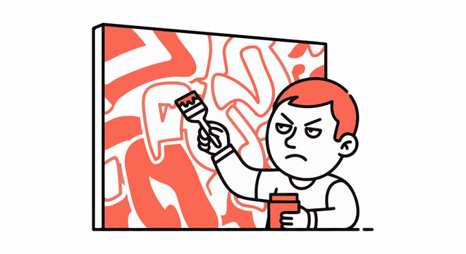 Cartoon boy painting colorful graffiti on canvas indoors.