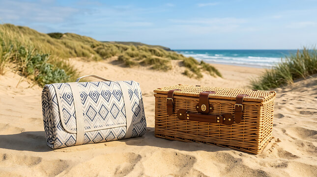 A rolled picnic blanket and wicker hamper rest on a sandy beach with the ocean in the background