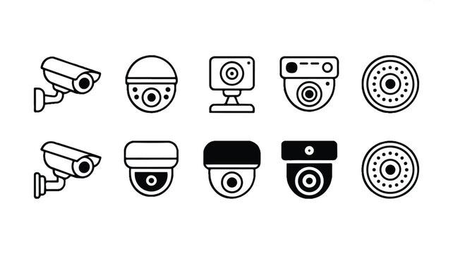 A set of twelve black and white security camera icons are shown.