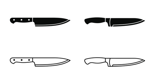 Black Silhouette Of Four Kitchen Knives On White Background