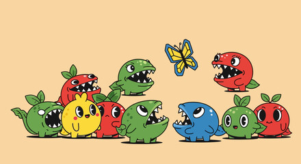 Fototapeta premium Cute Cartoon Monster Creatures Looking At a Butterfly Vector Illustration
