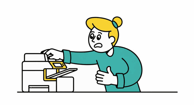 Frustrated woman dealing with paper jam in printer.