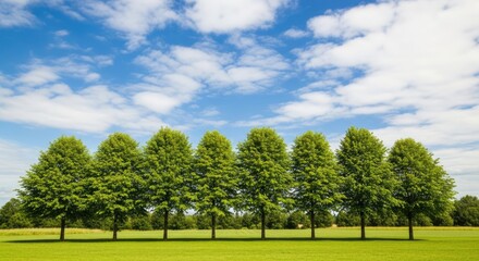 Obraz premium Row of green trees in grassy field under blue sky