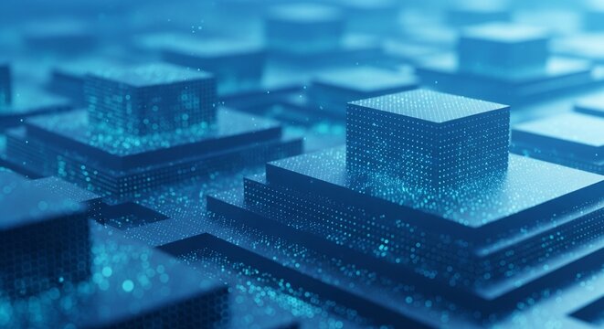 Abstract 3D blue digital cubes representing data infrastructure and quantum computing processors in a futuristic technology environment
