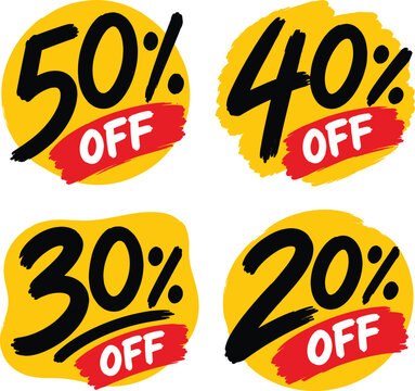 Hand drawn brush stroke discount percentage stickers with yellow background and red paint for market deals.