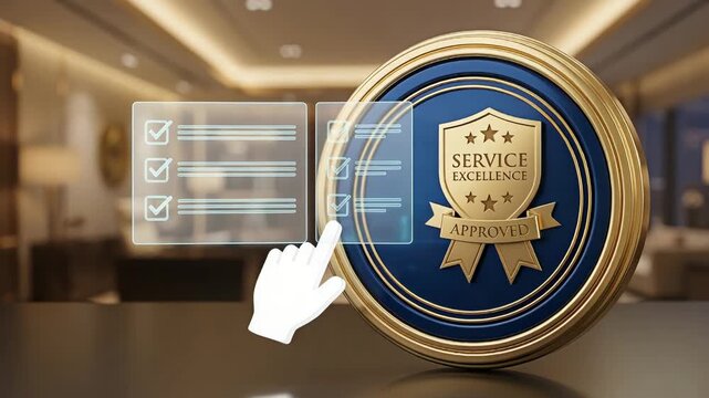 Hand checking off a checklist on a holographic screen with a service excellence award for the concept of customer satisfaction and quality assurance.