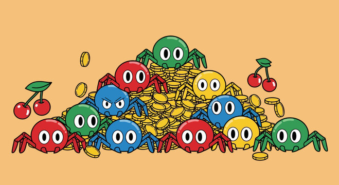Cartoon spiders guarding a pile of gold coins and cherries illustration