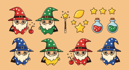 Naklejka premium Cute Cartoon Wizard Characters and Magic Items Collection Set