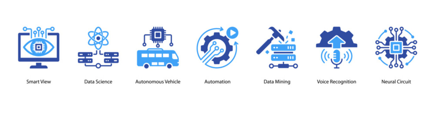 Data and Automation web banner icon vector illustration featuring Smart View, Data Science, Autonomous Vehicle, Automation, Data Mining, Voice Recognition, and Neural Circuit.