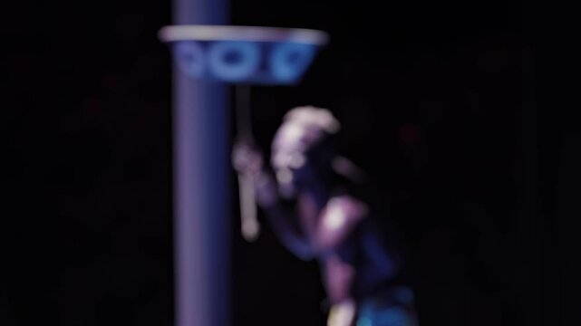 Blurred abstract image captures dynamic night show performance by Black African animator artist. Energetic figure performs on stage, creating vibrant visual display. Audience enjoys high-energy entert
