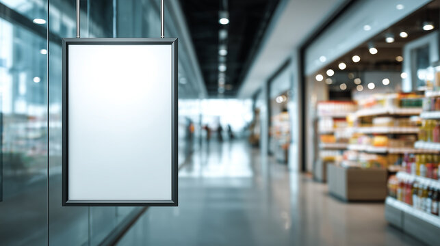 Blank vertical advertising billboard mockup in modern shopping mall interior with retail store background and copy space concept