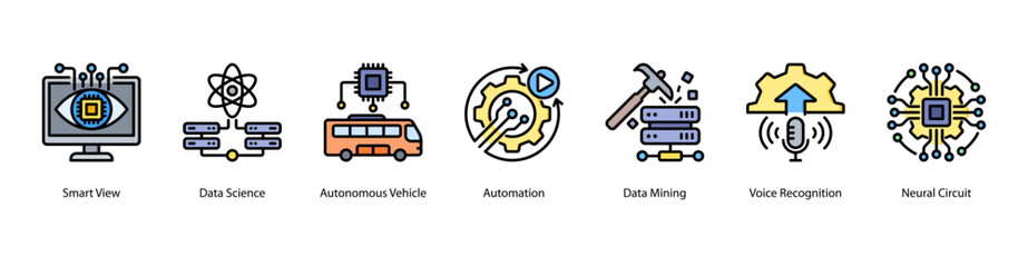 Fototapeta premium Data and Automation web banner icon vector illustration featuring Smart View, Data Science, Autonomous Vehicle, Automation, Data Mining, Voice Recognition, and Neural Circuit.