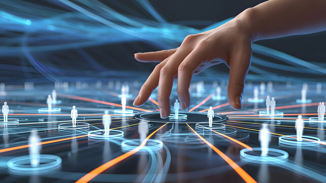 Hand touching glowing network connections with tiny human figures in a digital cyberspace