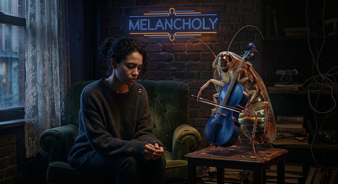 Person in a melancholic contemplative mood sitting beside a giant translucent cockroach playing a cello against a dimly lit room backdrop with &ldquo;MELANCHOLY&rdquo; neon sign