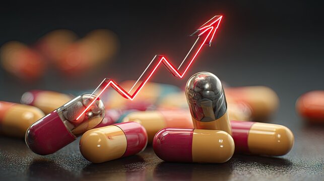 Rising red arrow above medical pill capsules on dark surface.