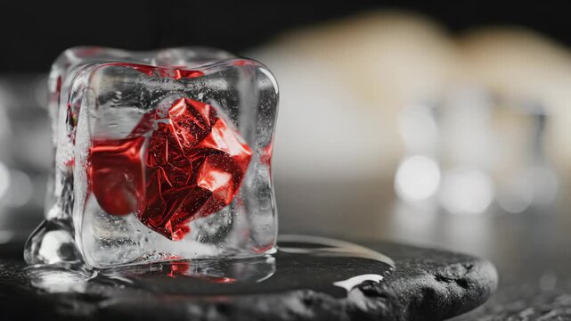Red metallic heart cube trapped inside clear ice melting on black stone. Liquid water dripping over frozen block. Cooling beverage element for drink service