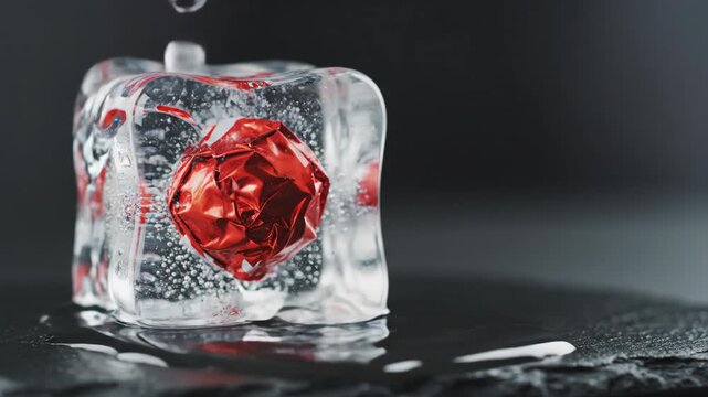 Glossy red truffle candy frozen inside clear ice cube being melted by pouring stream of warm water. Cinematic macro footage of confectionery cooling process