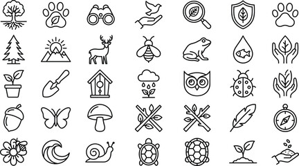 Set of black and white nature wildlife environment and gardening line icons vector illustration isolated on white background. © MSTSULTANA