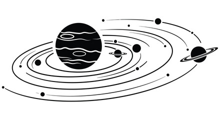 Stylized depiction of planets and rings orbiting a central celestial body © JOHIRUL_STUDIO