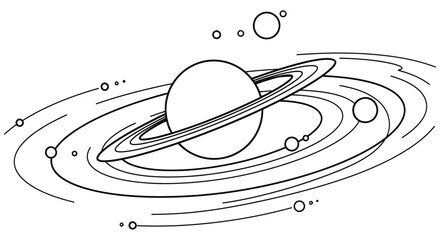 A simple black and white illustration of saturn and surrounding celestial bodies © JOHIRUL_STUDIO