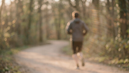 Fototapeta premium A person jogging on a dirt path in a forest, surrounded by trees. The image is slightly blurred, creating a dreamy atmosphere of outdoor exercise.