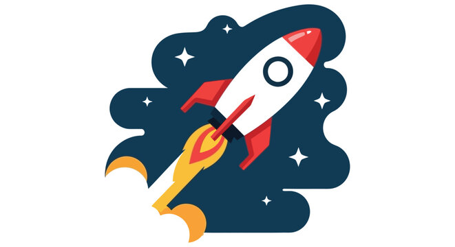 A colorful cartoon rocket ship blasts off into a starry night sky