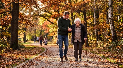 Fototapeta premium Caring Man Helps Elderly Woman Walk Through Autumn Park