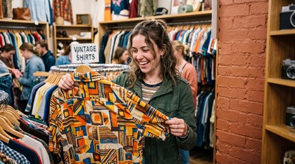 Obraz premium Happy Young Woman Shopping for a Colorful Vintage Shirt in a Thrift Store