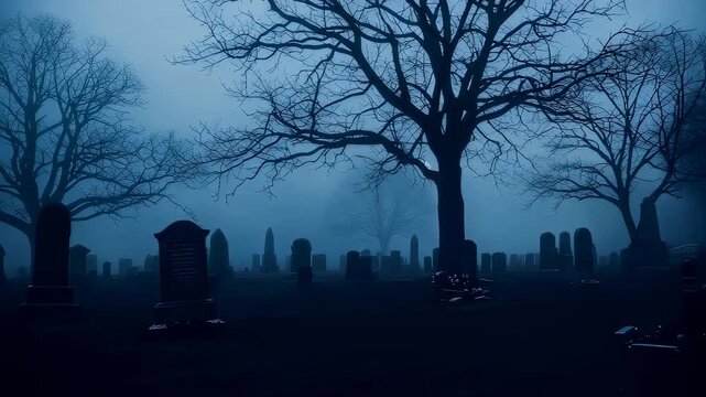 Grave in mysterious cemetery during foggy night. Bare tree in spooky graveyard at dusk. Dark Halloween landscape for horror movie atmosphere in blue night fog.