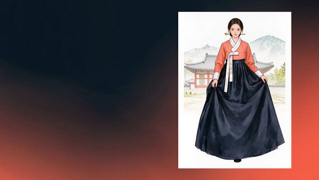 Authentic watercolor portrait of Korean woman in traditional hanbok standing with hand on dark navy chima against hanok village, editorial Korean culture illustration with copy space