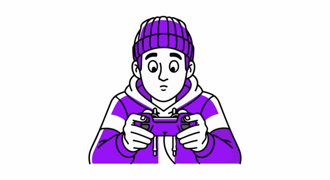 Cartoon gamer playing video game controller joyfully indoors.