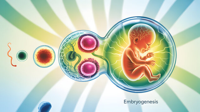 Human embryonic development from fertilization to fetus in a science concept illustration