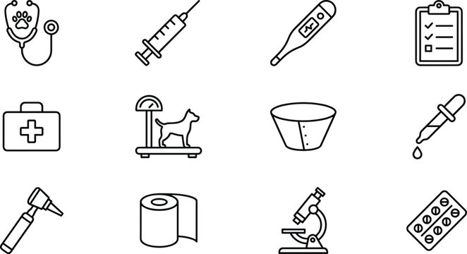 Set of black and white veterinary clinic animal healthcare and medical equipment line icons vector illustration isolated on white background