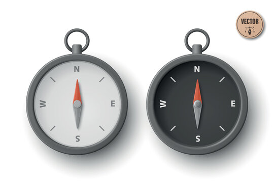 3d Compass Set Vector Illustration. Black and White Magnetic Compass Icons Isolated. Navigation Instrument Collection. Direction and Travel Symbol Design