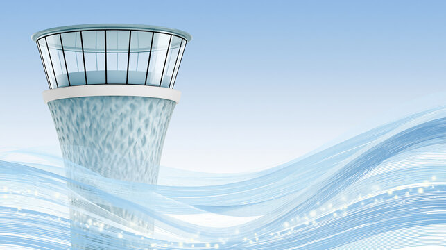 Airport control tower transparent glass blue light wave pattern aviation security modern architecture futuristic design sky background air traffic