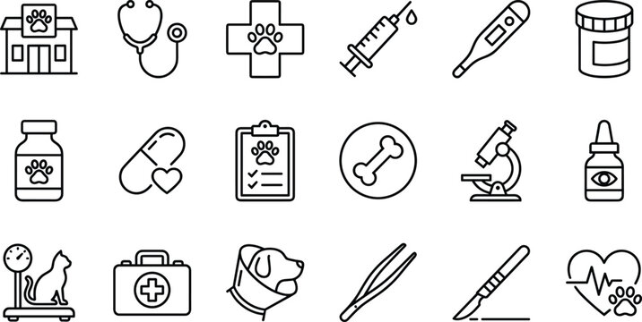 Set of black and white veterinary medicine pet clinic and animal care line icons vector illustration isolated on white background