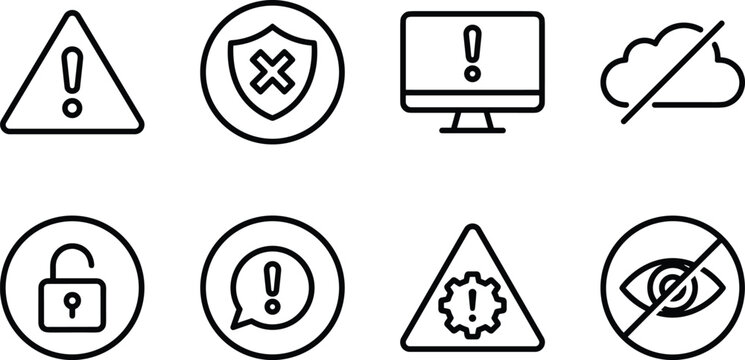Set of black and white system error cybersecurity warning alert and notification line icons vector illustration isolated on white background